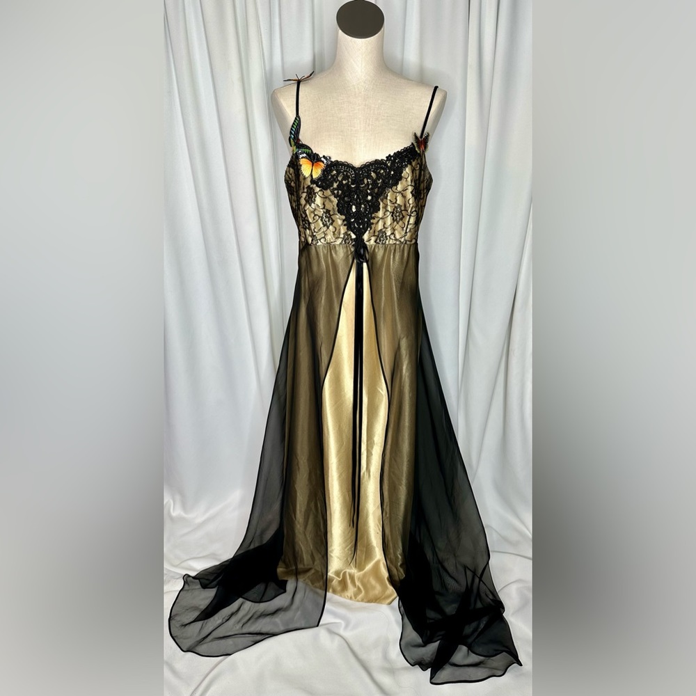 Gorgeous 80's Loralie gold satin slip dress with embroidered monarch butterfly